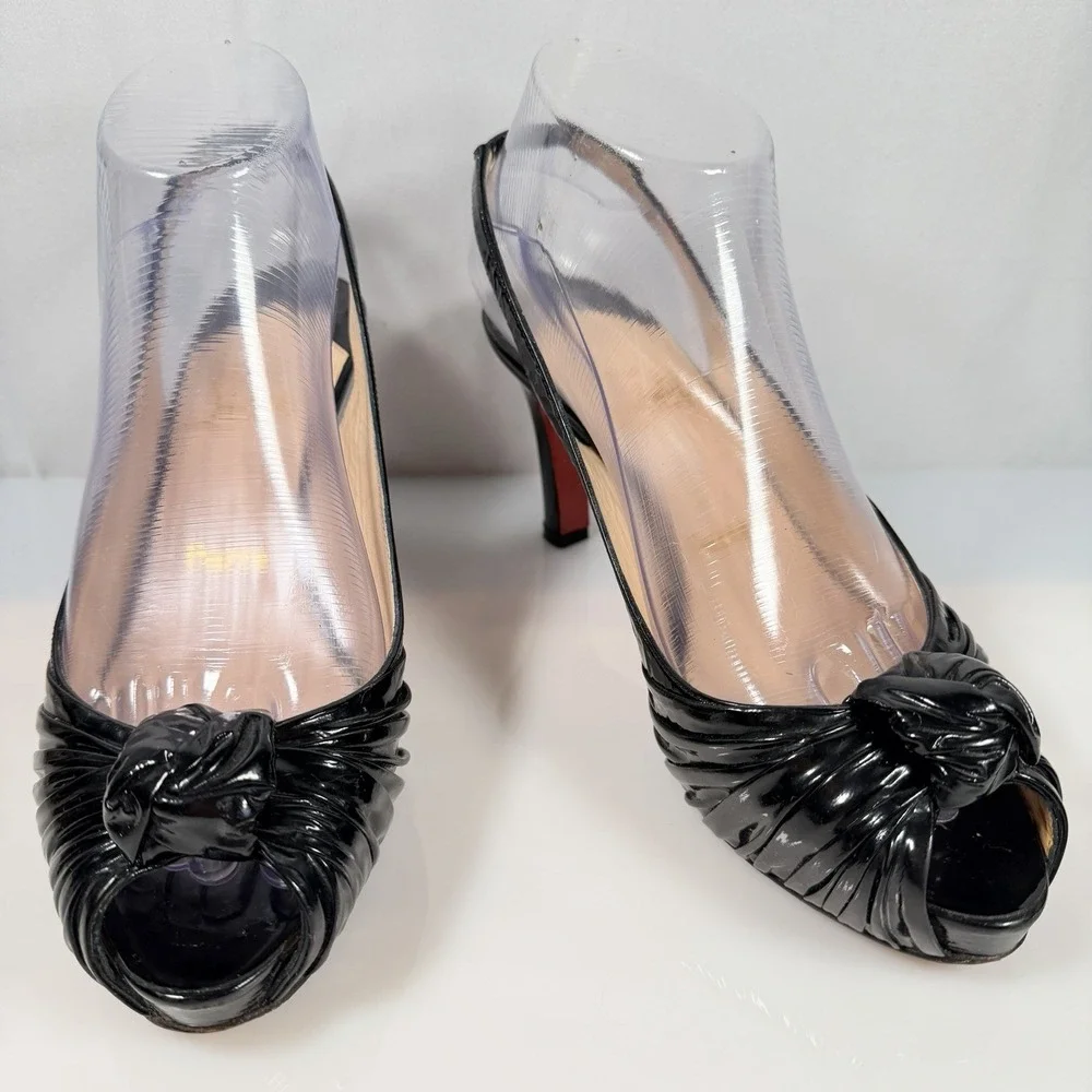 Christian Louboutin Black Patent Leather Slingback Peep Toe Heels Size 38 US 8